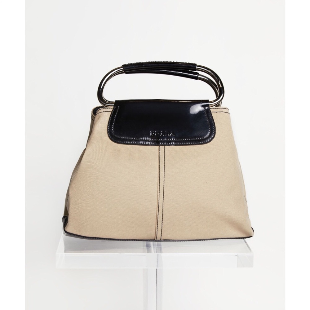 Prada Nylon and Patent Silver Ring Handle Bag